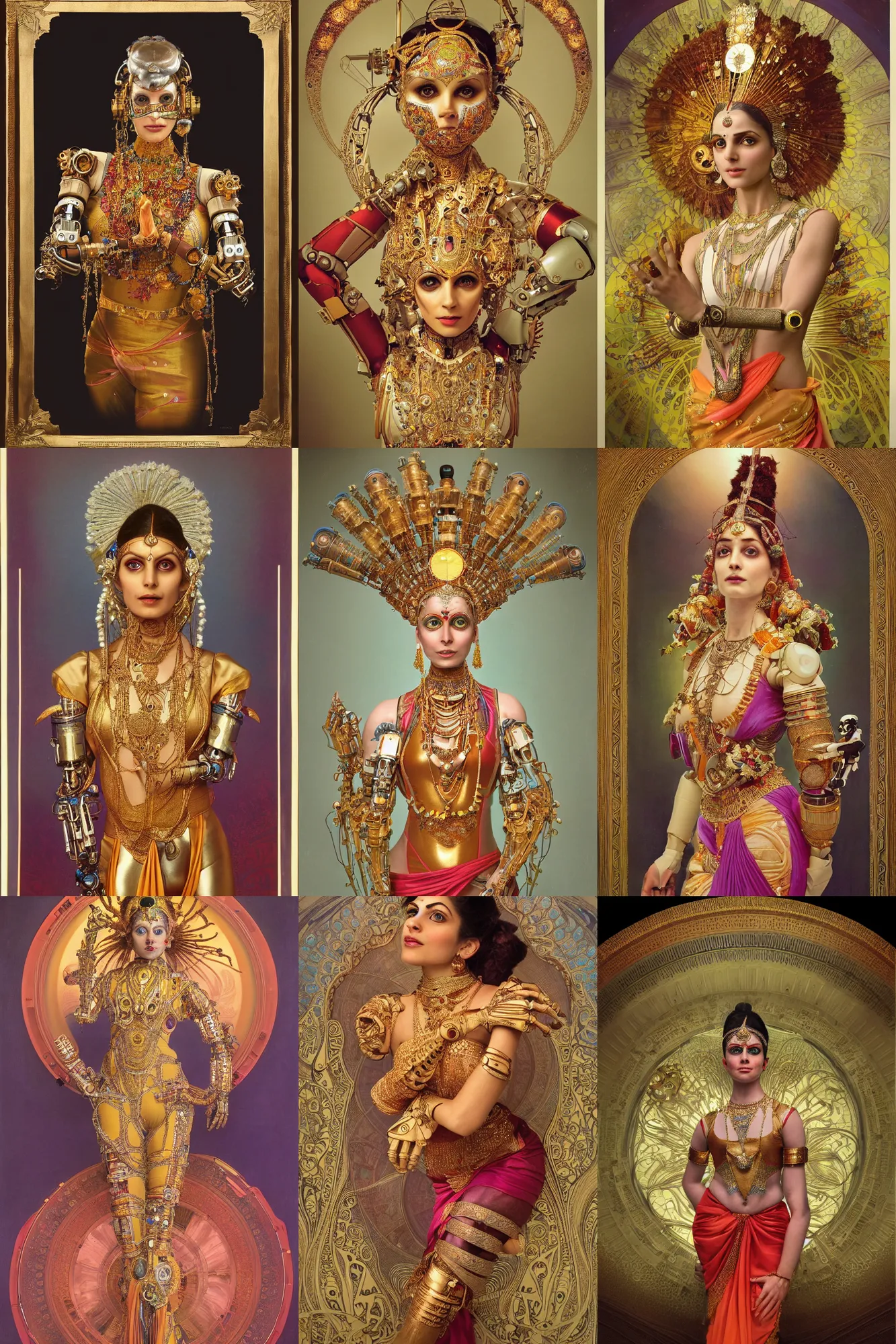 Prompt: a beautiful ultradetailed fine art portrait of a simple elegant futuristic biomechanical robot dressed as an indian classical dancer, by natalie shau and alphonse mucha, portrait, 3 5 mm lens, golden ratio composition, detailed face, humanoid with cybernetic implants, studio lighting, very detailed, dressed in colorful silk, artstation, 8 k, highly coherent