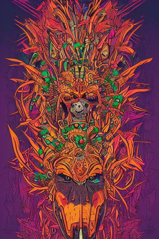 Image similar to totem animal tribal chaman vodoo mask feather gemstone plant wood rock video game illustration vivid color borderlands by josan gonzales and dan mumford radiating a glowing aura