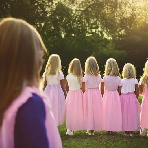 Prompt: 1 0 girls lined up of different ages from left to right, 5 0 mm lens, f 1. 4, sharp focus, ethereal, emotionally evoking, head in focus, volumetric lighting, blur dreamy outdoor,