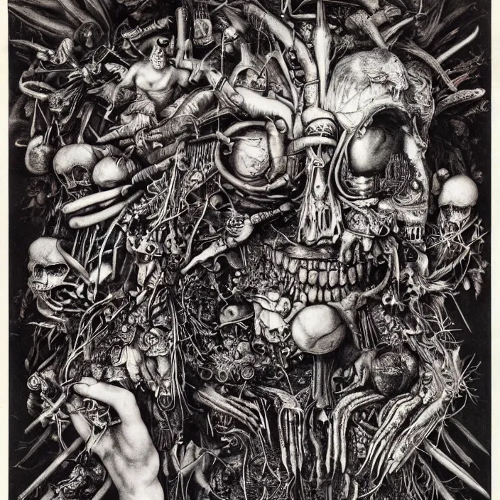 Image similar to post - punk new age album cover, asymmetrical design, magic, apocalypse, psychedelic, highly detailed, black white pink, magic, giger h. r., giuseppe arcimboldo