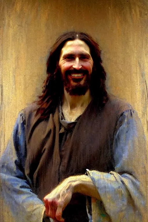 Image similar to impressionist brushstrokes!!!!!!!!! solomon joseph solomon and richard schmid and jeremy lipking victorian loose genre loose painting full length portrait painting of jesus with a slight smile happy inviting