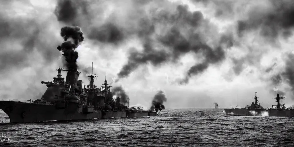 Prompt: naval duel of steampunk battleship vs dieselpunk battleship, shots fired, clouds of smoke, bird's eye view, full shot, cinematic, high res, 120 film black and white photograph