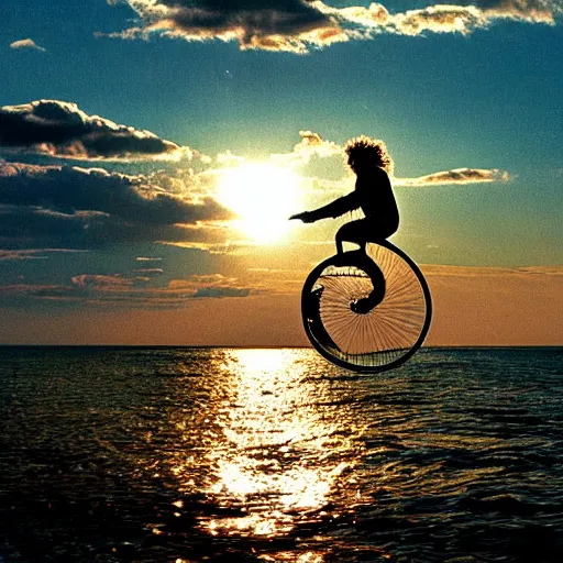 Prompt: bob dylan riding a unicycle over the ocean into the sunset, gorgeous photograph, very detailed, emotional