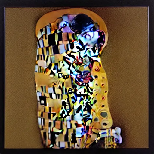 Image similar to the kiss, with a latin female philosopher damaged buddhist monk and a robot, by klimt and yoji shinkawa