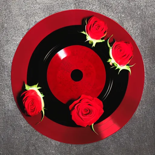 Image similar to red roses, laying on a vinyl record, dark photography