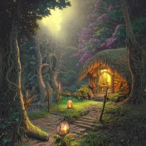 Prompt: 19th century wood-engraving , whole page illustration , art in the style of greg rutkowski and thomas kinkade and Larry Elmore, a tiny village , carved into the side of a tree, inhabited by elves and faeries, the outside lights are bioluminescent mushrooms and fungi intricately detailed