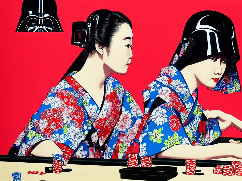 Image similar to hyperrealism composition of the detailed woman in a japanese kimono sitting at an extremely detailed poker table with darth vader, fireworks and folding screen on the background, pop - art style, jacky tsai style, andy warhol style, acrylic on canvas