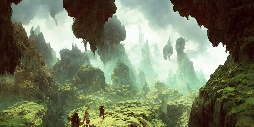 Image similar to huge cave ceiling towns, villages castles buildings bytopia planescape clouds made of green earth inverted upsidedown mountain surreal dreamlike inception artstation illustration sharp focus sunlit vista painted by ruan jia raymond swanland lawrence alma tadema zdzislaw beksinski norman rockwell tom lovell alex malveda greg staples