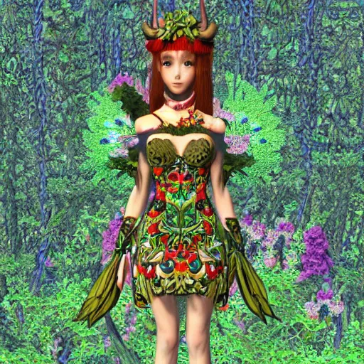 Image similar to cute female forest spirit wearing ornate floral cybernetic hungarian valentino resort dress in a 3 d psx ps 2 jrpg style, fighting fantasy monsters creatures, bright esoteric magical alien meadow ritual environment, fashion gameplay screenshot, highly detailed, atelier, xenogears