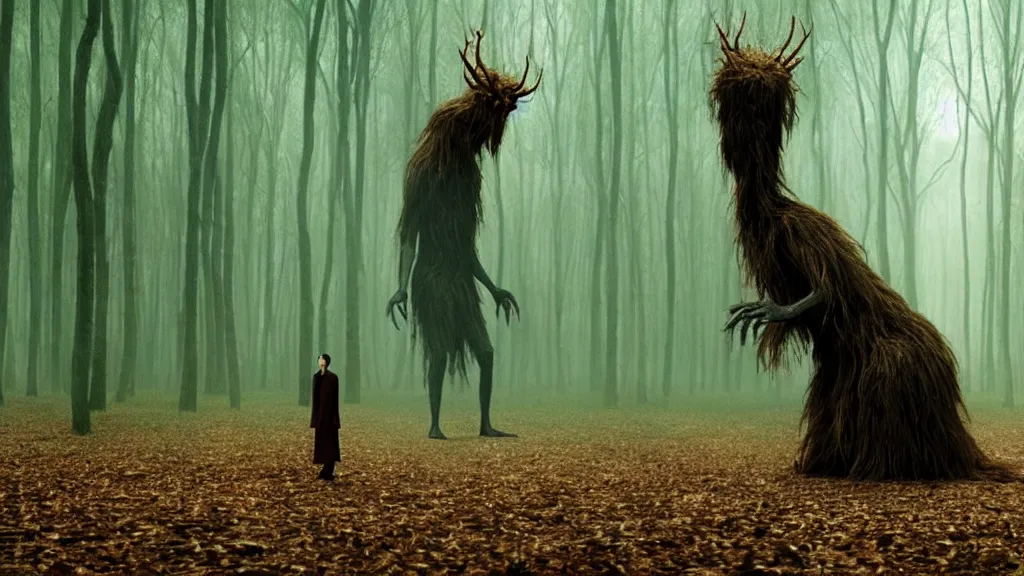 Image similar to the tall strange creature waits in the forest, film still from the movie directed by Denis Villeneuve with art direction by Salvador Dalí, wide lens