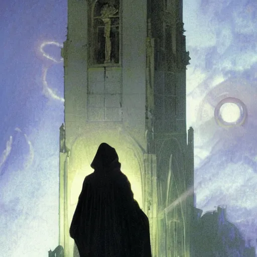 Image similar to A frightened young, thin and stern catholic priest in his thirties fervently praying as he is about to die from the ominous terrifying Lovecraftian yellow shadow descending upon him from the night sky. He is at the top of a medieval tower. Low angle, dramatic lighting. Art by Greg Rutkowski and Alphonse Mucha