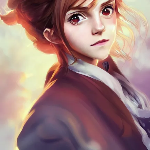 Image similar to anime portrait of Emma Watson as Hermione at Hogwarts holding her magic wand by Stanley Artgerm Lau, WLOP, Rossdraws, James Jean, Andrei Riabovitchev, Marc Simonetti, and Sakimichan, trending on artstation