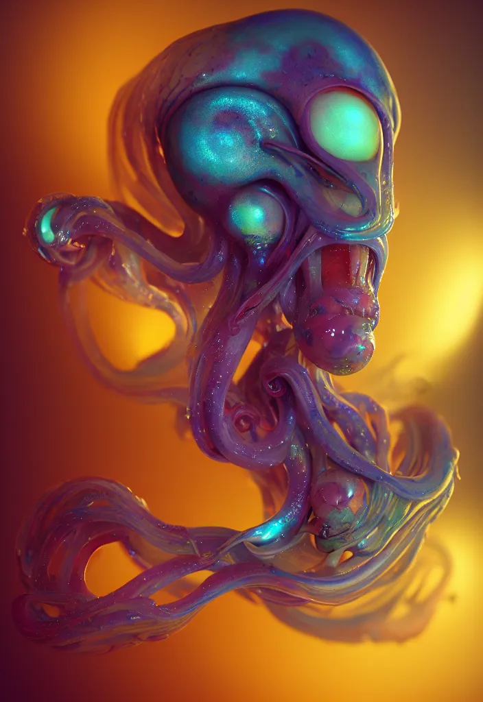 Prompt: subsurface scattering, alien made of soft wax, cgsociety, translucent, organic squid and ceramic art nouveau swirls, golden orbs, colored smoke, in the style of alberto seveso and ruan jia and beeple and giger, mystical colors, back light, rim light, dramatic lighting, 8 k, stunning scene, raytracing, octane render