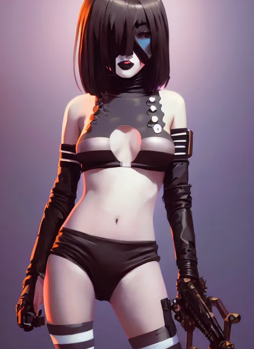Image similar to portrait of cute goth girl in cyber bikini armor, face by ilya kuvshinov, warhammer, cyberpunk, by atey ghailan, by greg rutkowski, by greg tocchini, by james gilleard, by joe fenton, by kaethe butcher, dynamic lighting, gradient light blue, brown, blonde cream and white color in scheme, grunge aesthetic