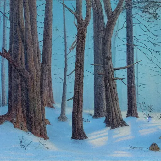 Prompt: caspar david friedrich style painting, winter forest, elk, spruce trees