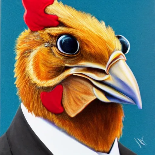 Prompt: a closeup portrait of an antropomorphic chicken wearing a suit, photorealistic