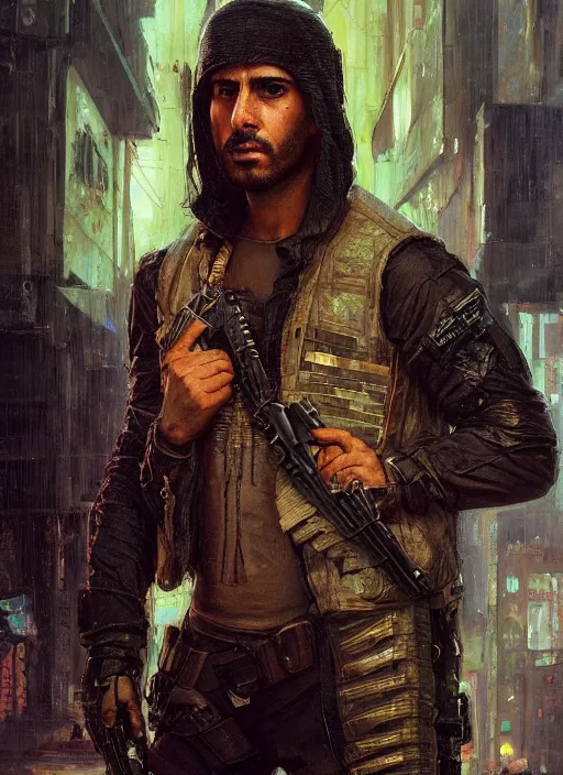Prompt: 👳♂. cyberpunk mercenary in a military vest ( blade runner 2 0 4 9, cyberpunk 2 0 7 7 ). orientalist portrait by john william waterhouse and james gurney and theodore ralli and nasreddine dinet, oil on canvas. cinematic, hyper realism, realistic proportions, dramatic lighting, high detail 4 k
