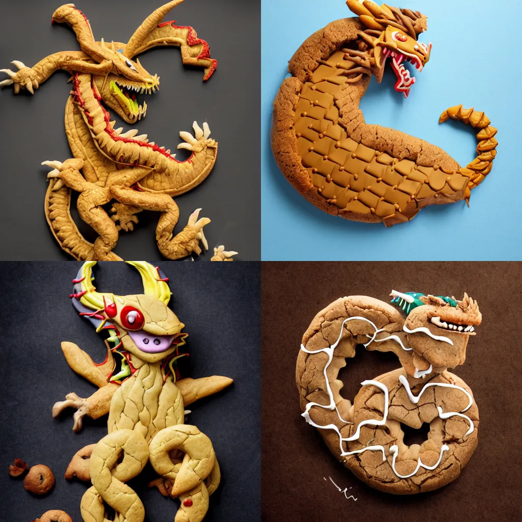 Prompt: a fierce dragon made entirely out of cookies, sitting on a bakery countertop, detailed, trending on artstation