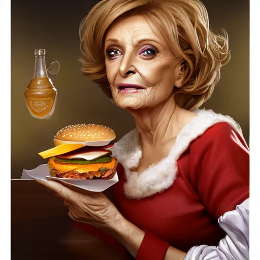 Prompt: portrait of barbara walters eating hamburgers, extra onions and ketchup, luscious patty with sesame seeds, feminine ethereal, handsome, d & d, fantasy, intricate, elegant, highly detailed, digital painting, artstation, concept art, matte, sharp focus, illustration, art by artgerm and greg rutkowski and alphonse mucha