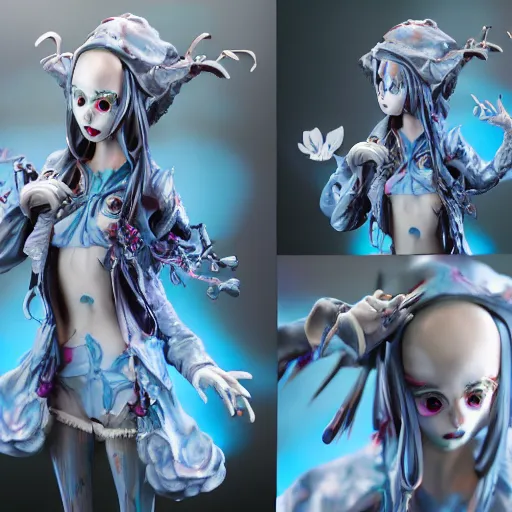 Image similar to by Yoshitaka Amano, by James Jean, by Good Smile Company, detailed resin anime sculpture of a 26yo female jester necromancer wearing a skull hat, close up dslr studio photograph, headshot, portrait, artstation, sci fi futuristic costume, rim lighting