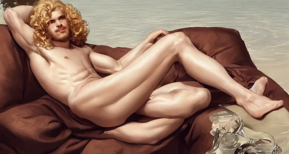 Image similar to a male Venus reclining in the sun, pale porcelain skin and fluffy blonde long curly hair, beautiful man, featured on artstation, by Leyendecker and Ross Tran