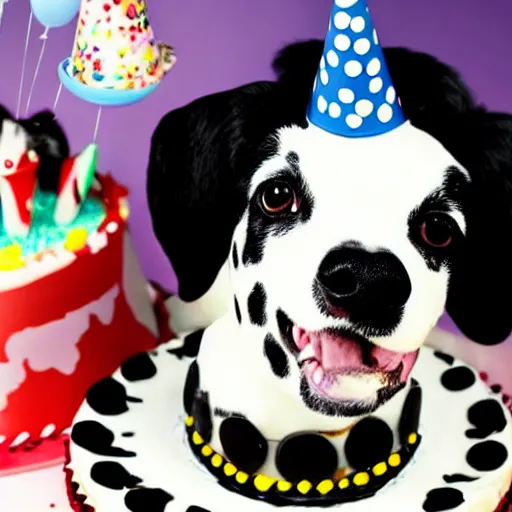 Image similar to photo of dalmatian dog with a birthday cake,