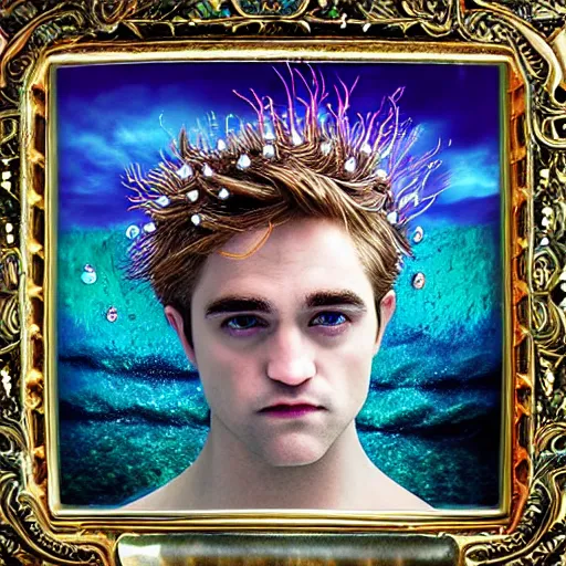 Image similar to “ robert pattison portrait, fantasy, mermaid, hyperrealistic, highly detailed, cinematic lighting, pearls, glowing hair, shells, gills, crown, water, highlights, starfish, jewelry, realistic, digital art, pastel, magic, fiction, ocean, game, king, colorful hair, sparkly eyes, fish, romantic, god, waves, bubbles ”