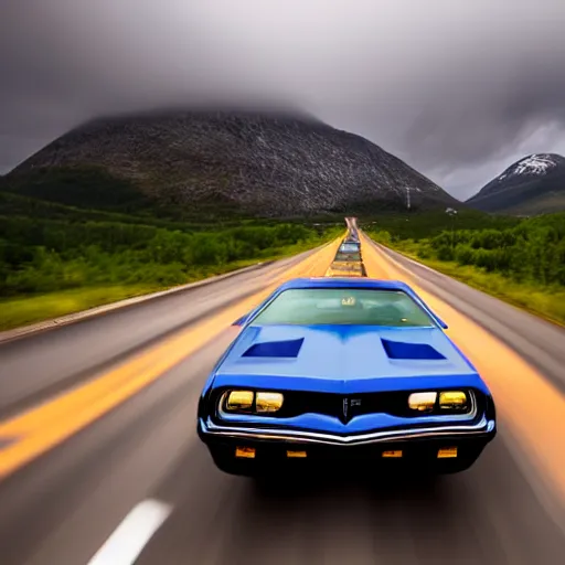 Image similar to pontiac firebird trans - am driving towards the camera, norway mountains, cinematic, volumetric lighting, foggy, wide shot, low angle, large lightning storm, thunder storm, tornado