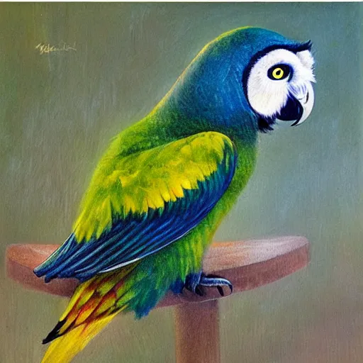 Image similar to hybrid bird cross between mccaw parrot and owl detailed oil painting 4k