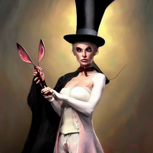 Prompt: oil painting of a rabbit dressed like a female magician holding a magic wand and a top hat, urban fantasy art by seb mckinnon, artstation npc character design, top - rated