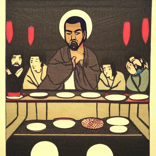 Image similar to Kanye at the last supper, Japanese woodblock art style