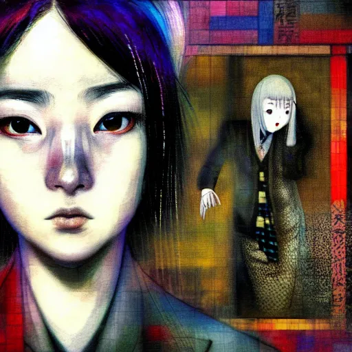 Image similar to yoshitaka amano blurred and dreamy three quarter angle oil portrait of a young woman with white hair and black eyes wearing dress suit with tie, playstation 2 horror game, junji ito abstract patterns in the background, satoshi kon anime, chungking express color palette, noisy film grain effect, highly detailed, renaissance oil painting, weird portrait angle, blurred lost edges