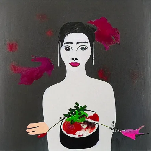 Image similar to “ a portrait in a female art student ’ s apartment, sensual, a pig theme, art supplies, paint tubes, ikebana, herbs, a candle dripping white wax, black walls, squashed berries, berry juice drips, acrylic and spray paint and oilstick on canvas, surrealism, neoexpressionism ”