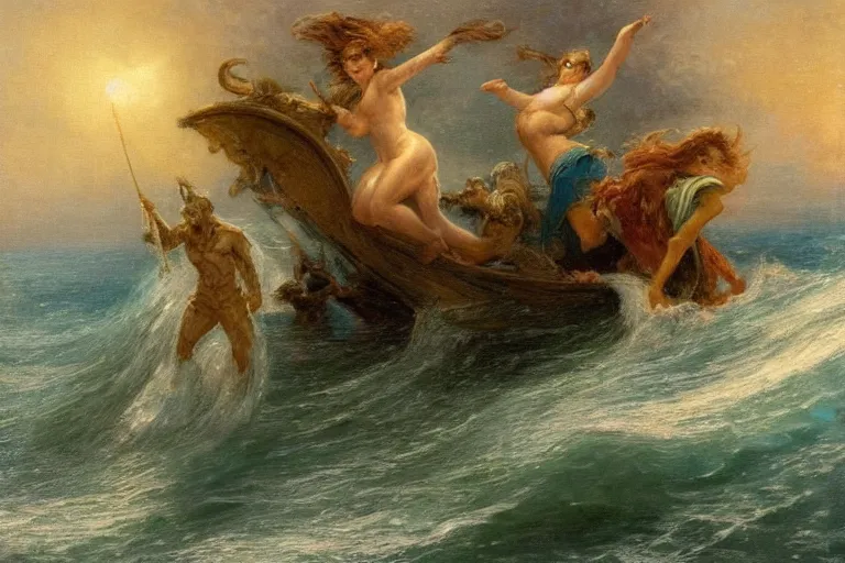 Image similar to painting of a mythical hero crossing the ocean on a small boat fighting a humanoid personification of a wave. a personification of the moon overlooks the fight. art by gaston bussiere.