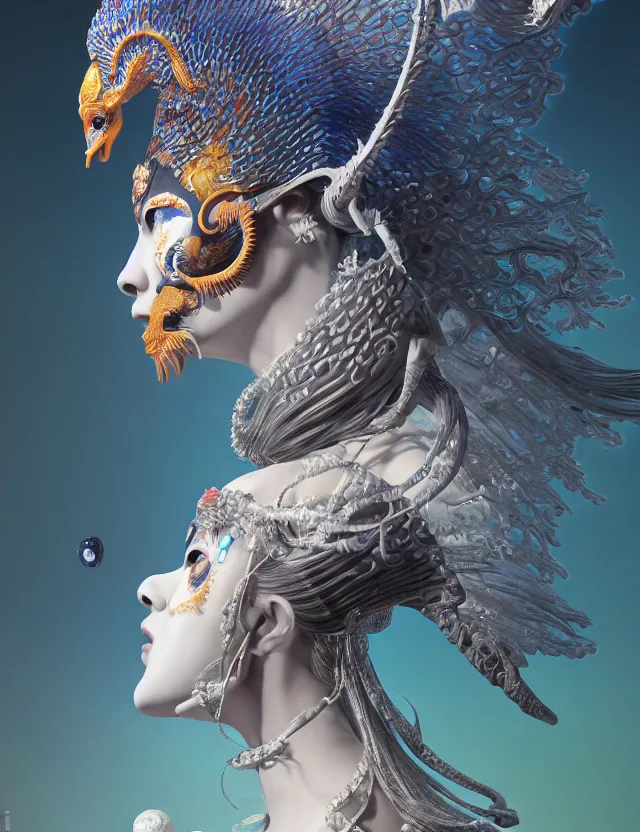 Image similar to 3 d goddess in robe close - up profile portrait with ram skull. beautiful intricately detailed japanese crow kitsune mask and clasical japanese kimono. betta fish, jellyfish phoenix, bio luminescent, plasma, ice, water, wind, creature, artwork by tooth wu and wlop and beeple and greg rutkowski