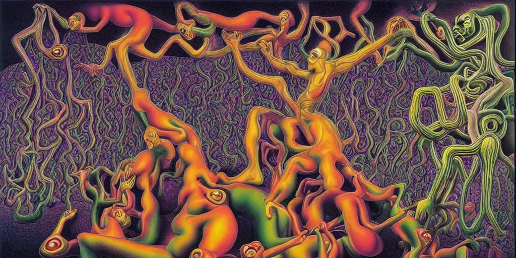 Prompt: basilisk, pain, pleasure, suffering, adventure, alex grey psychedelic dripping color love, abstract oil painting by mc escher and salvador dali gottfried helnwein