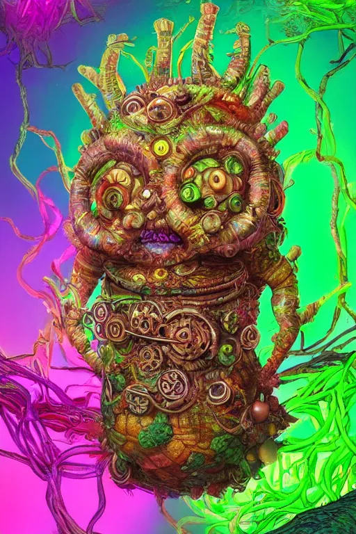 Image similar to creature sushi roots cactus elemental flush of force nature micro world fluo light deepdream a wild amazing steampunk baroque ancient alien creature, intricate detail, colorful digital painting radiating a glowing aura global illumination ray tracing