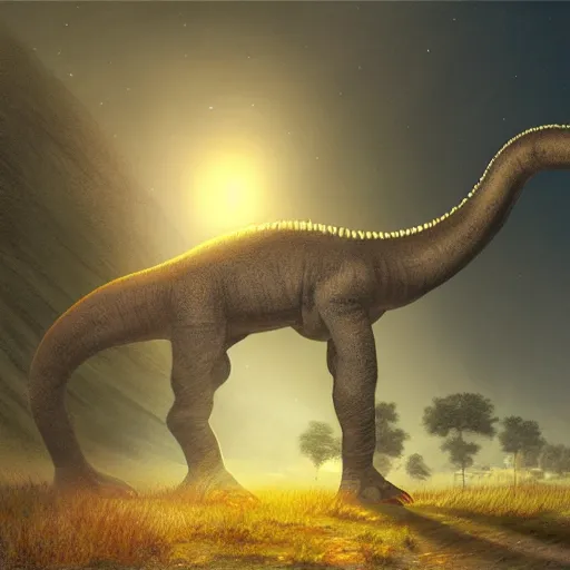 Image similar to dimetroton brontosaurus mix hybrid, paleoart by Julius T. Csotonyi, highly detailed, night, volumetric lighting