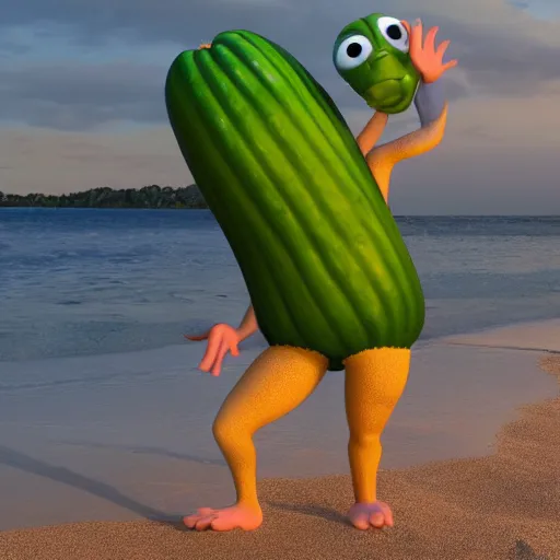 Prompt: cocumber character makes vocation on a beach, pixar style