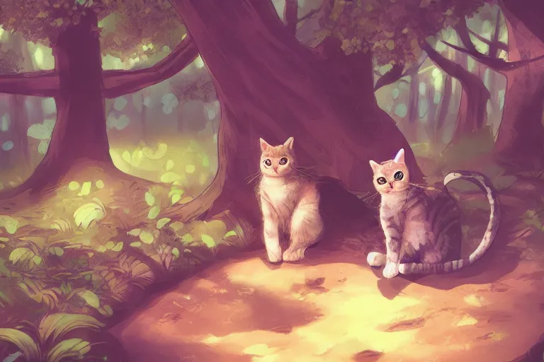 Prompt: cat in the forest, warm lighting, digital art, trending on artstation, fanart, by kawacy