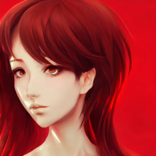 Image similar to kurisu makise, elegant, ultra highly detailed, digital painting, smooth, sharp focus, artstation, top-down shot, red background, art by Ina Wong