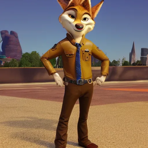 Image similar to full body, 3d render , anthropomorphic coyote male , wearing along brown leather jacket , in the style of Zootopia