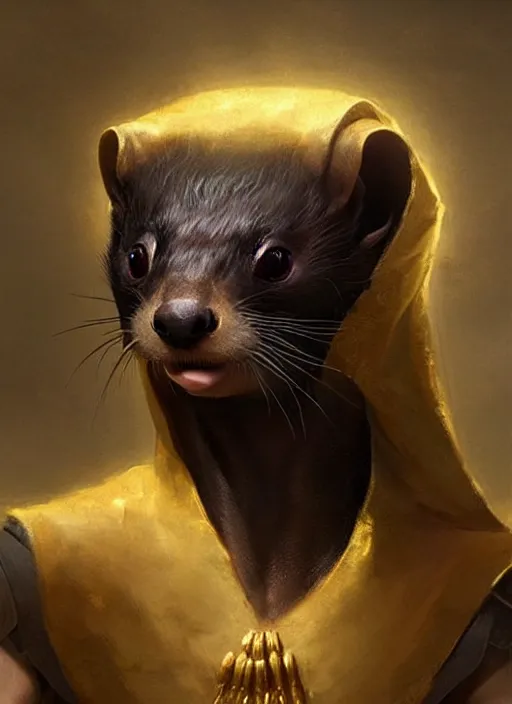 Prompt: a beautiful closeup shot from a fantasy film of a humanoid black ferret with golden eyes wearing a loose tunic. an anthropomorphic ferret with gold eyes. joseph ducreux, greg rutkowski.