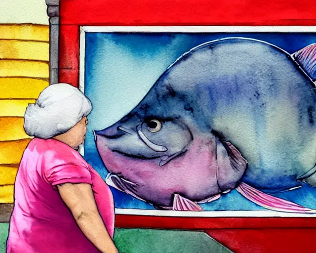 Image similar to an innocent and beautiful scene in hyper realistic style, watercolor and pen drawing, of a fat old woman painting a huge colorful fish on the wall, lighting from the barred window. shadows. 4 k. wide angle. wild mood. red mouth, blue eyes. deep focus, lovely scene. ambient occlusion render. unreal engine.