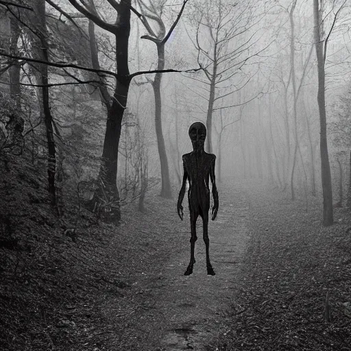 Prompt: old photograph of an alien walking through an eerie forest