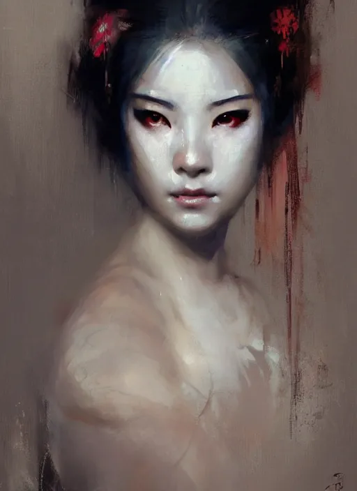 Prompt: female geisha girl, beautiful face, by greg rutkowski, by jeremy mann, digital painting