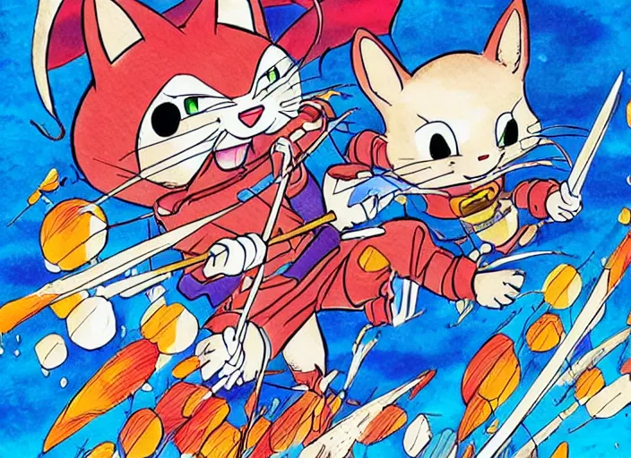 Prompt: samurai pizza cats, ink and watercolor illustration masterpiece, perfectly realistic yet surreal, by ryan ottley and mœbius and hayao miyazaki and akira toriyama