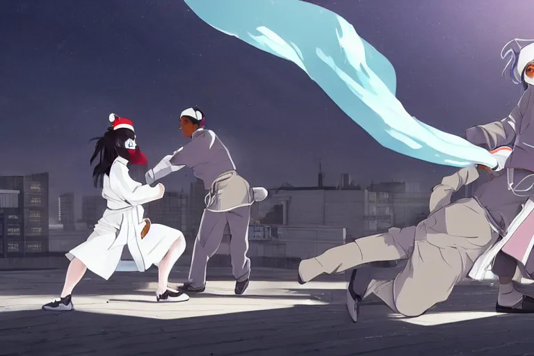 Image similar to a cute young female ninja nurse wearing white coat is attacking an old custodian on a harlem rooftop, lighting, anime scenery by Makoto shinkai