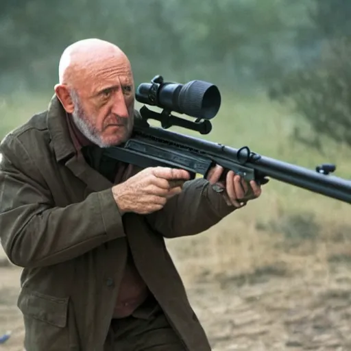 Image similar to Film still of Mike Ehrmantraut aiming with a !!!sniper rifle!!!, 4k, !!highly detailed!!