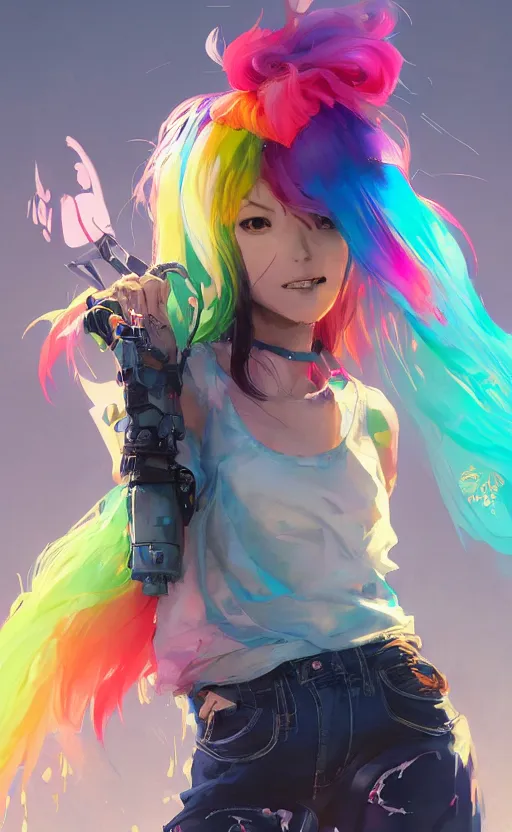 Image similar to a kawaii woman with rainbow hair smiling, kawaii shirt and jeans, In style of Yoji Shinkawa, wojtek fus, by Jordan Grimmer and greg rutkowski, concept art, highly detailed